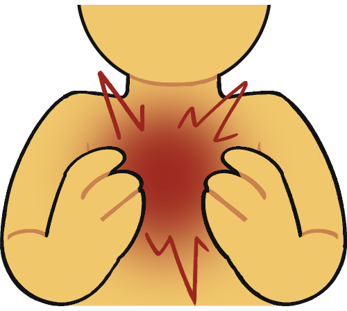 A close-up of an emoji yellow torso with hands cradling a red patch on their chest that has spiky blue impact lines around it.